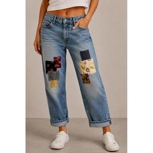 LOGO Lori Goldstein Boyfriend Jeans Womens 6T Blue Patchwork Denim Eclectic Boho
